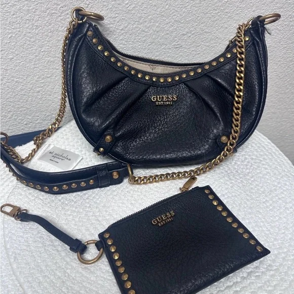 GUESS Black Shoulder Bag with Gold Accents - Picture 1 of 6